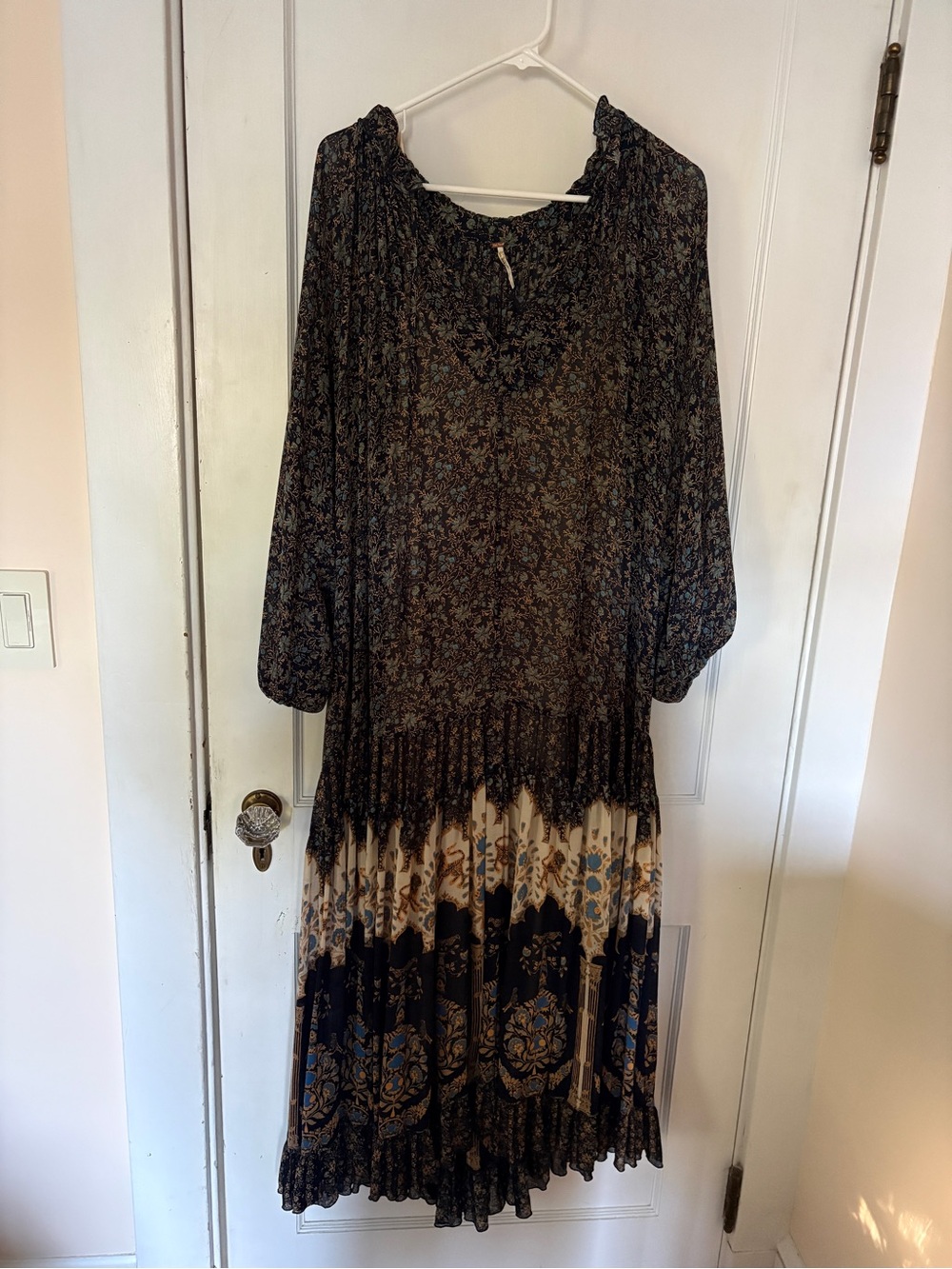 Boho Free People Navy and Cream Floral Maxi Dress